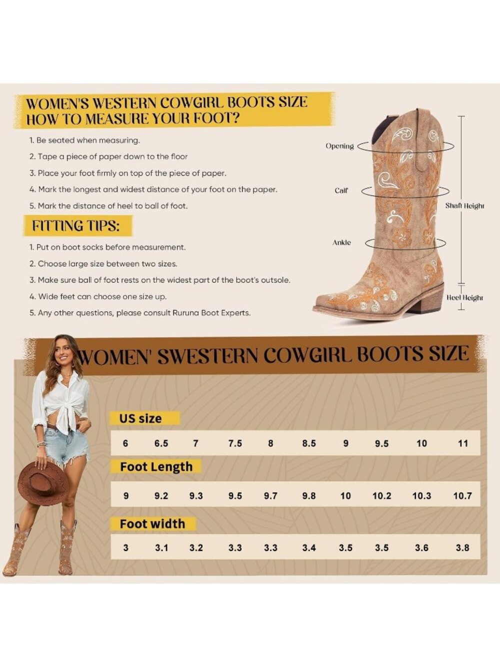 Women's Light Brown Cowgirl Boots Pointed Toe Chunky Heels Country Western Boots - Picture 4 of 7